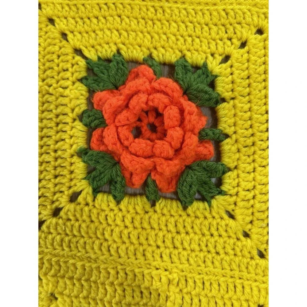 Vintage Handmade 3D Roses Crochet Afghan Blanket Yellow Green Orange 70s 52x63